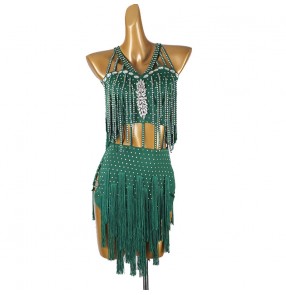 Dark Green orange Fringe competition latin dance dresses for women girls salsa rumba chacha performance costumes
